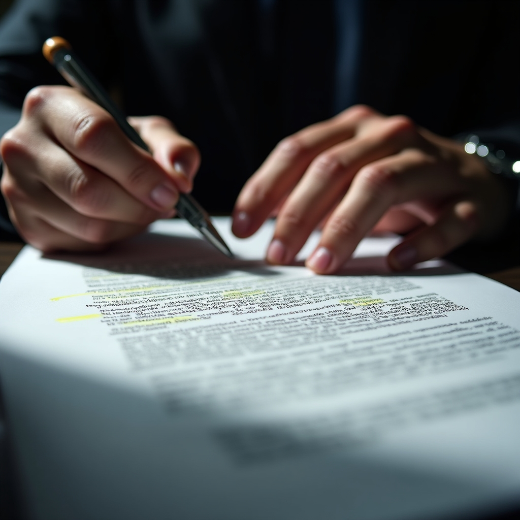 Primo piano di mani che evidenziano clausole su un contratto bancario stampato, con luce calda sulla scrivania