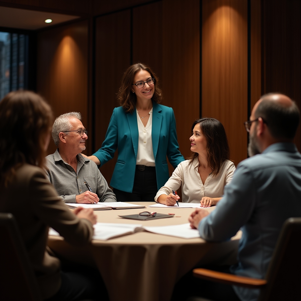 Sessione formativa con famiglie sedute attorno a tavoli rotondi, documenti aperti, atmosfera informale e collaborativa