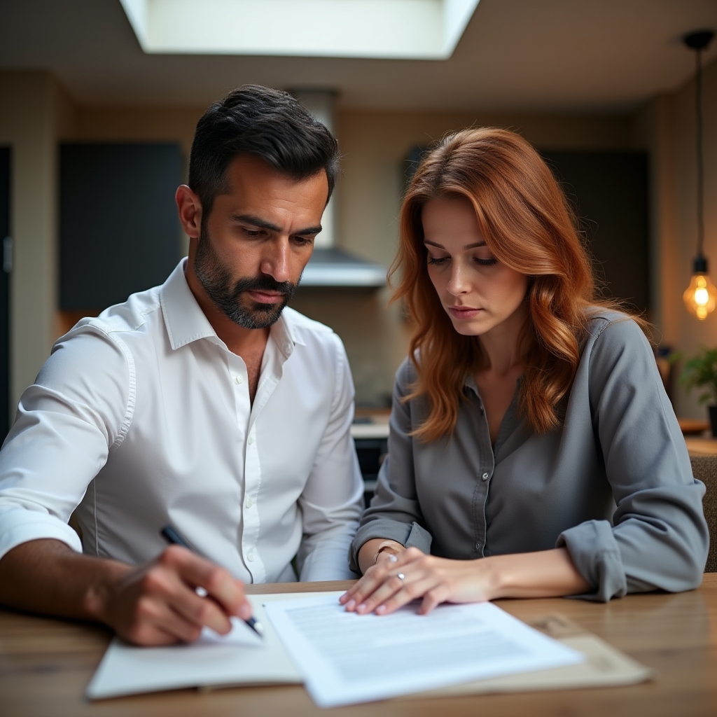 Coppia adulta che esamina insieme documenti finanziari su un tavolo domestico illuminato da luce naturale