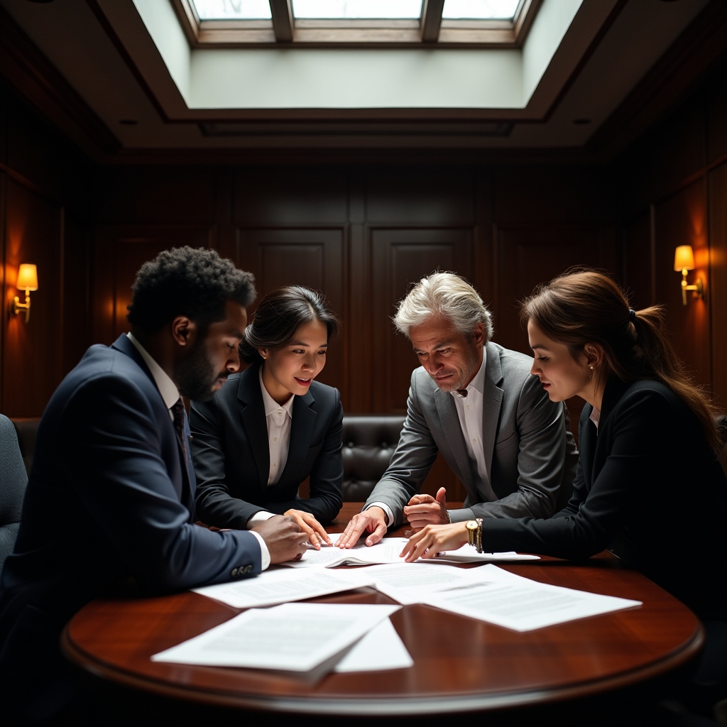 Piccolo gruppo di adulti che studiano insieme documenti contrattuali attorno a un tavolo in una stanza con luce soffusa