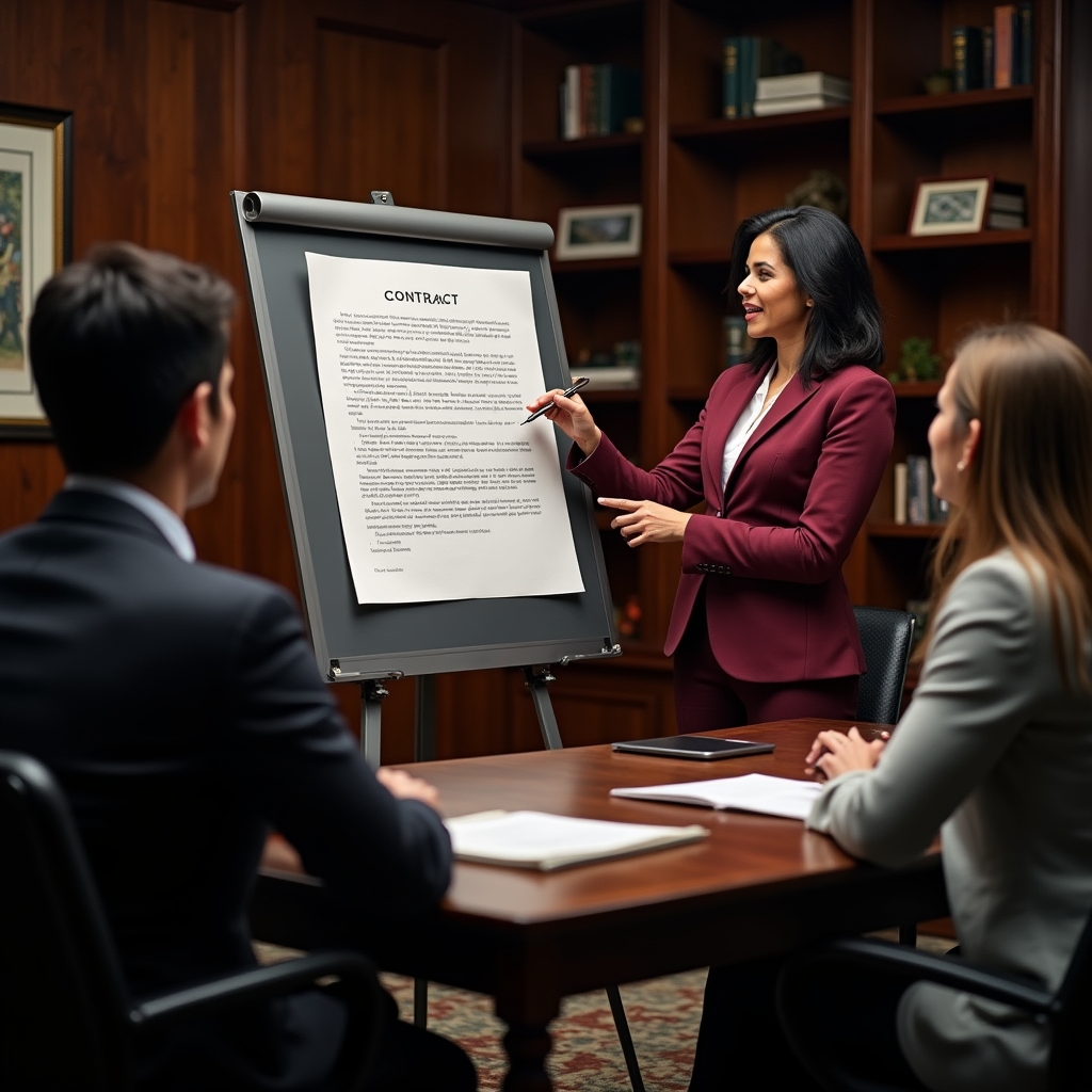 Formatore che spiega una clausola contrattuale a un gruppo di adulti in una sala formativa moderna